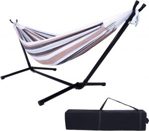 9 FT Space Saving Steel Stand Heavy Duty Double Hammock with Carrying Case, Pillows, Cup Holders for Outdoor or Indoor