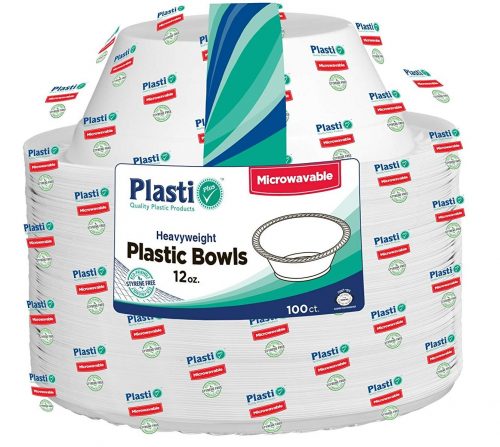 Plasti Plus 100-Count Disposable Plastic Bowls Heavy Weight Microwave Safe