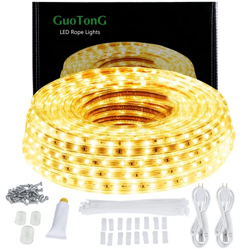 GuoTonG 50ft:15m LED Lights Strip kit,Waterproof, 3000K Warm White,110V 2 Wire, Flexible