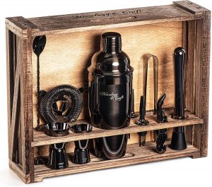 Mixology Bartender Kit comes with 11-Piece Black Bar Set Cocktail shaker tools and Rustic Wood Stand