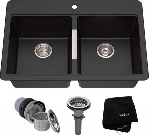 Kraus KGD-433B 33 1/2 inch Dual Mount 50/50 Double Bowl Black Onyx Granite Kitchen Sink