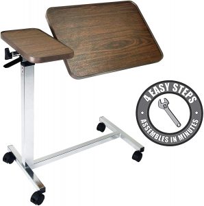Vaunn Medical Adjustable Tilt Overbed Bedside Table with Wheels for Hospital and Home Use