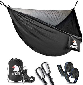 Covacure Camping Hammock with Mosquito Net is a Lightweight Double Hammock and can Hold Up to 772lbs. It is a Portable Hammocks for Indoor, Outdoor, Hiking, Camping, Backpacking, Travel, Backyard, abd Beach.