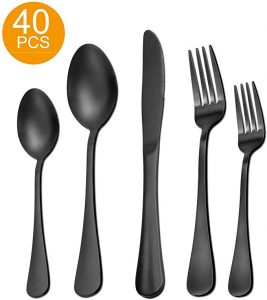 Matte Black Silverware Set | 40 Pieces Stainless Steel Flatware Set Utensils Cutlery Tableware Set Steak Knife Fork and Spoon Set