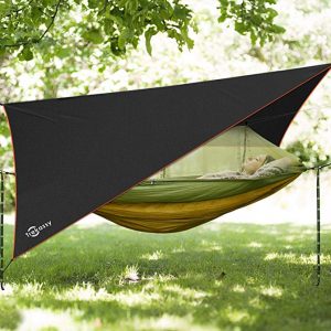 Trekassy Portable Double Camping Hammock comes with a Removable Mosquito Bug Net, Rain Fly and Tree Straps for Indoor & Outdoor hanging.