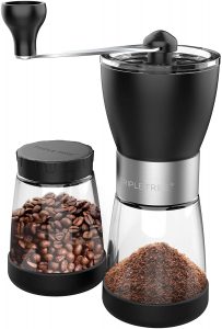 Hand coffee grinder mill with Ceramic Burrs, Two Clear Glass Jars 5.5 oz Each, Stainless Steel Handle, Suitable for Camping and Home Use