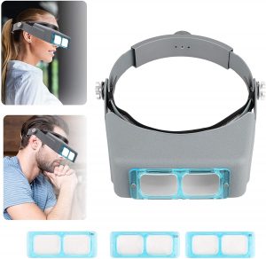 OLizee Hands Free 2 LED Head Magnifier with 5 Interchangeable Different Magnifying Lenses and Adjustable Elastic Headband