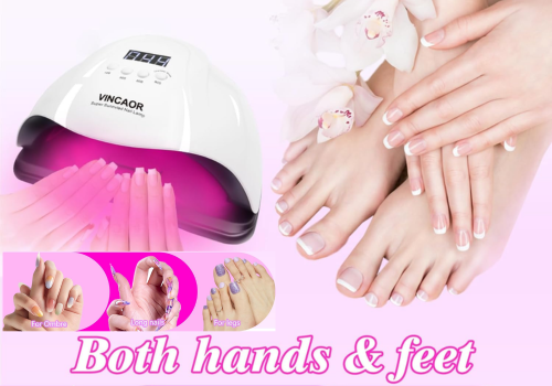 Image showing a white VICAOR UV nail lamp with pink light illuminating hands with gel nails inside. To the right, a woman's hands and feet display a finished French manicure and pedicure. Below, inset images show different nail art styles. The text "Both hands & feet" is prominently displayed.