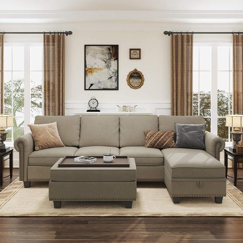 L Shaped Sofa Couch Set with Storage Ottoman for Small Apartment