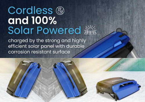 The image features a blue and black cordless robotic pool skimmer that is 100% solar powered. The top text emphasizes this, mentioning a strong and highly efficient solar panel with a durable, corrosion-resistant surface. Below, three different angles of the skimmer are shown.