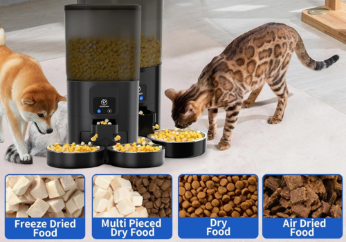 A Bengal cat and a Shiba Inu dog eat dry food from separate bowls dispensed by two black automatic pet feeders. Below, four inset images show examples of freeze-dried, multi-pieced dry, standard dry, and air-dried pet food.