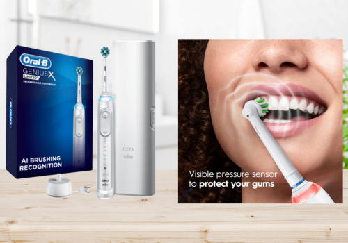 The image shows the Oral-B Genius X Limited Rechargeable Electric Toothbrush. On the left, the product is displayed in its retail packaging, a blue box with the text "Oral-B GENIUS X LIMITED AI BRUSHING RECOGNITION". Next to the box, the toothbrush is visible. On the right, a close-up promotional image highlights the toothbrush in action, with the text "Visible pressure sensor to protect your gums