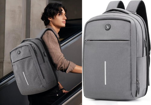 A person wearing a gray backpack on an escalator, and a separate product shot of the same gray backpack. The backpack features black details and a reflective stripe.