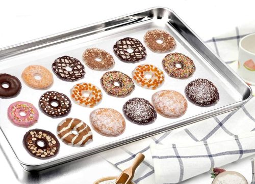 TeamFar stainless Steel Cookie Sheet holding various kinds of donuts.