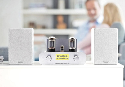 BOYUUSOUNDF5 Tube Amplifier is on displayed along with two white speakers and blue people in the background.